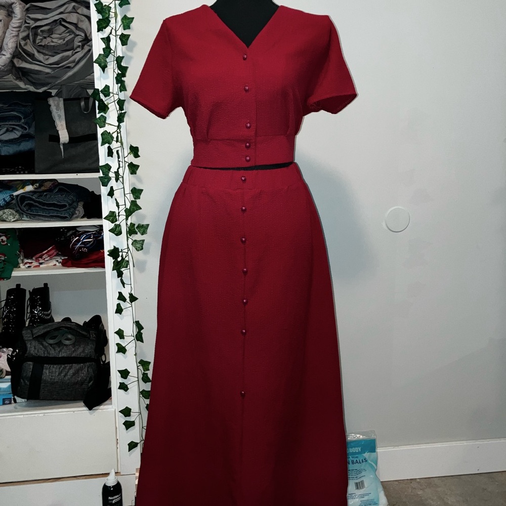 Red two piece set, midi skirt with cropped top